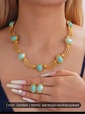 Gold-Tone Necklace and Ring Set with Turquoise Stones